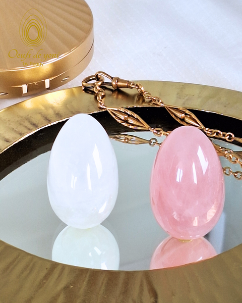 Coffret Duo - Les oeufs de yoni amplificateurs de votre bonheur - Quartz Rose et quartz cristal moyens non troués