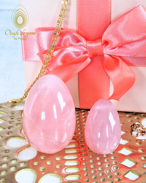 Coffret Duo - L'oeuf de la guérison de vos blessures d'amour - Quartz rose petit et grand troués