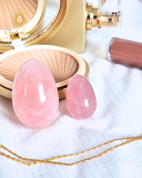 Coffret Duo - L'oeuf de la guérison de vos blessures d'amour - Quartz rose petit et grand troués