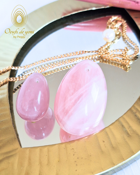 Coffret Duo - L'oeuf de la guérison de vos blessures d'amour - Quartz rose petit et grand troués