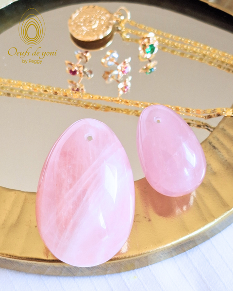 Coffret Duo - L'oeuf de la guérison de vos blessures d'amour - Quartz rose petit et grand troués