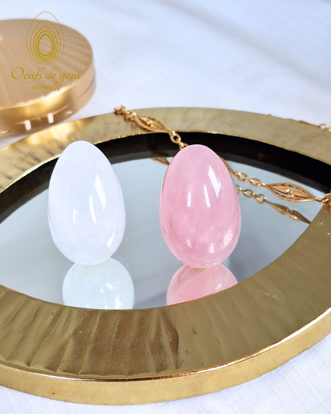 Coffret Duo - Les oeufs de yoni amplificateurs de votre bonheur - Quartz Rose et quartz cristal moyens non troués
