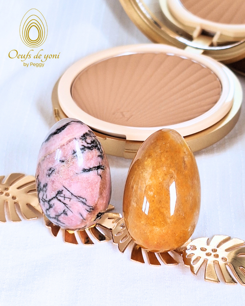 Coffret Duo - Les oeufs de la connexion à sa joie de vivre -  Rhodonite et Aventurine jaune moyens non troués