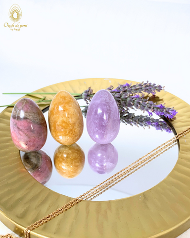 *Coffret Trio des plaisirs - 3 oeufs moyens non troués pour le prix de 2 - Rhodonite, Aventurine jaune et Améthyste