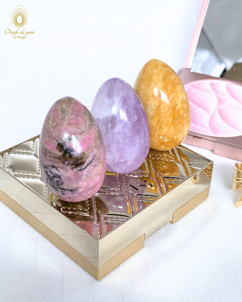*Coffret Trio des plaisirs - 3 oeufs moyens non troués pour le prix de 2 - Rhodonite, Aventurine jaune et Améthyste