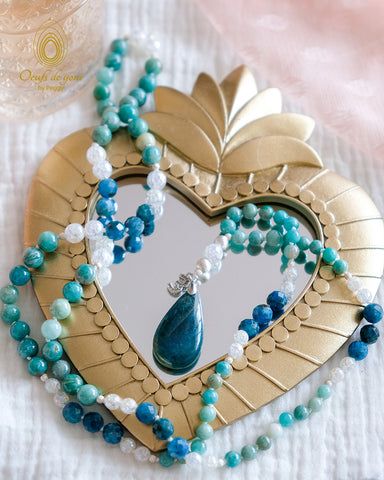 Mala "Chemin de vie" - N°3 - amazonite, apatite, cristal craquelé