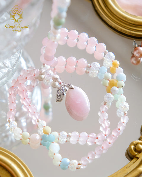 Mala "Chemin de vie" - N°9 - quartz rose, morganite, quartz cristal craquelé, opale rose