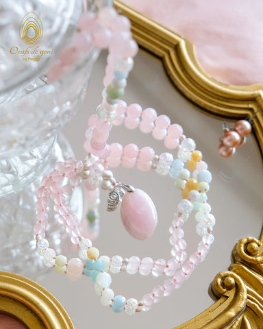 Mala "Chemin de vie" - N°9 - quartz rose, morganite, quartz cristal craquelé, opale rose