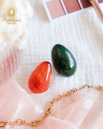 Coffret Prestige Duo - Les oeufs de yoni de l'énergie féminine - Cornaline et jade Néphrite moyen non troué