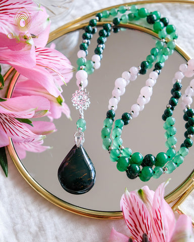 Mala by Peggy - Collection Chakras - chakra du coeur - jaspe vert - quartz rose - malachite - aventurine verte